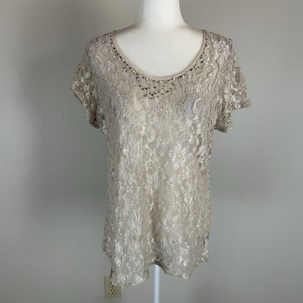 Romantic 3X Lace Blouse Top T-shirt Beaded Embellished Boho Festival Layer Sheer